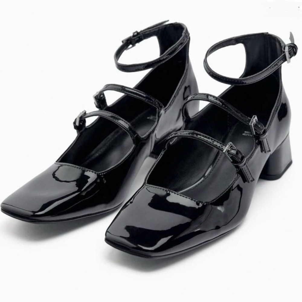Zara Black Faux Patent Triple-Strap Block Heels Size 39
